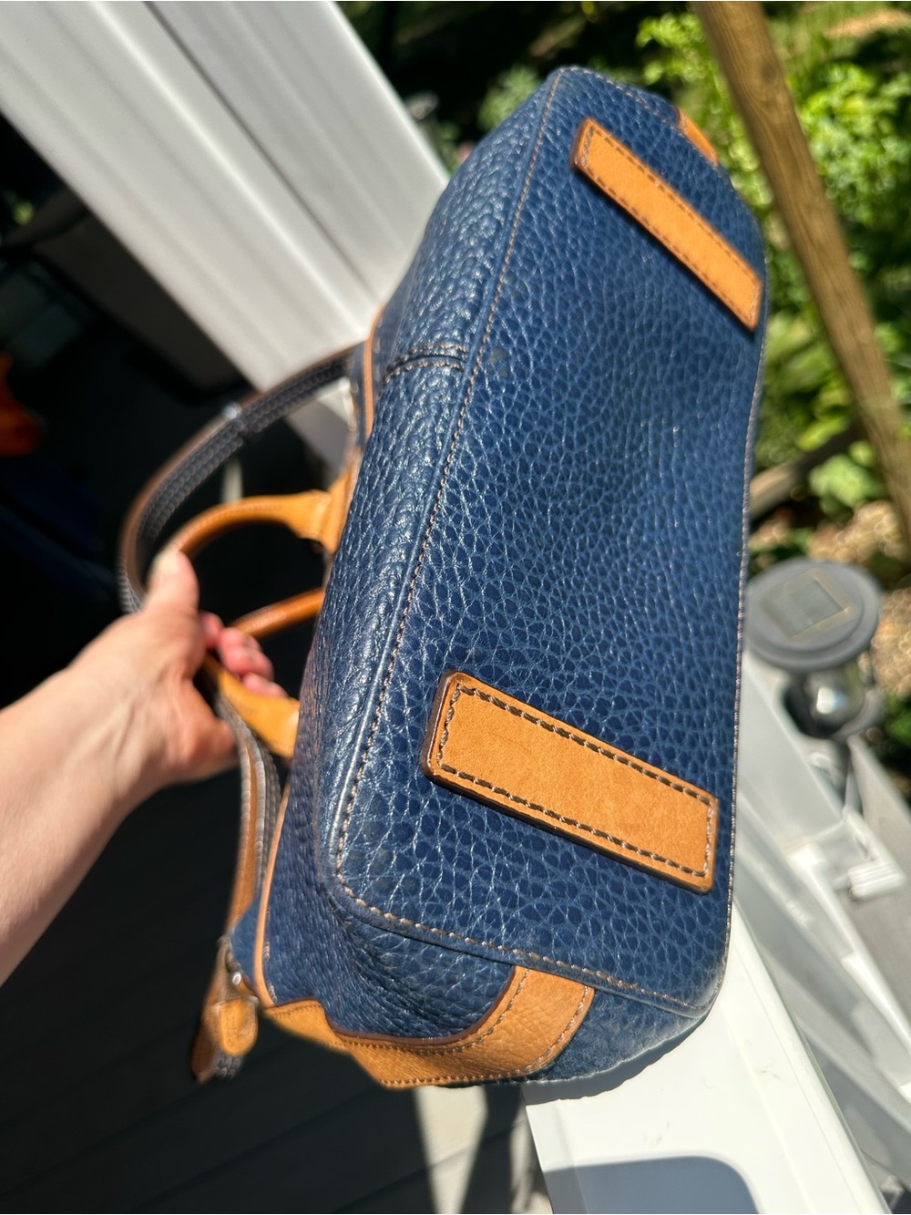 Brighton Navy Blue pebbled leather with Tan Leather Patch Tote - Picture 12 of 15